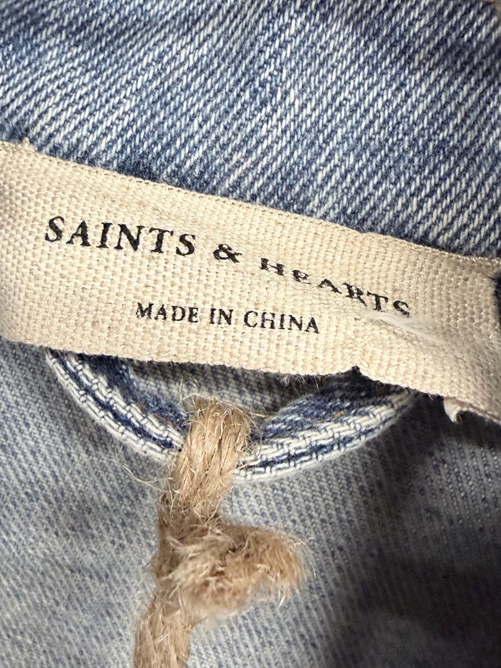 Saints & Hearts Light Blue Fringe Denim Jacket with White Trim - Picture 9 of 10